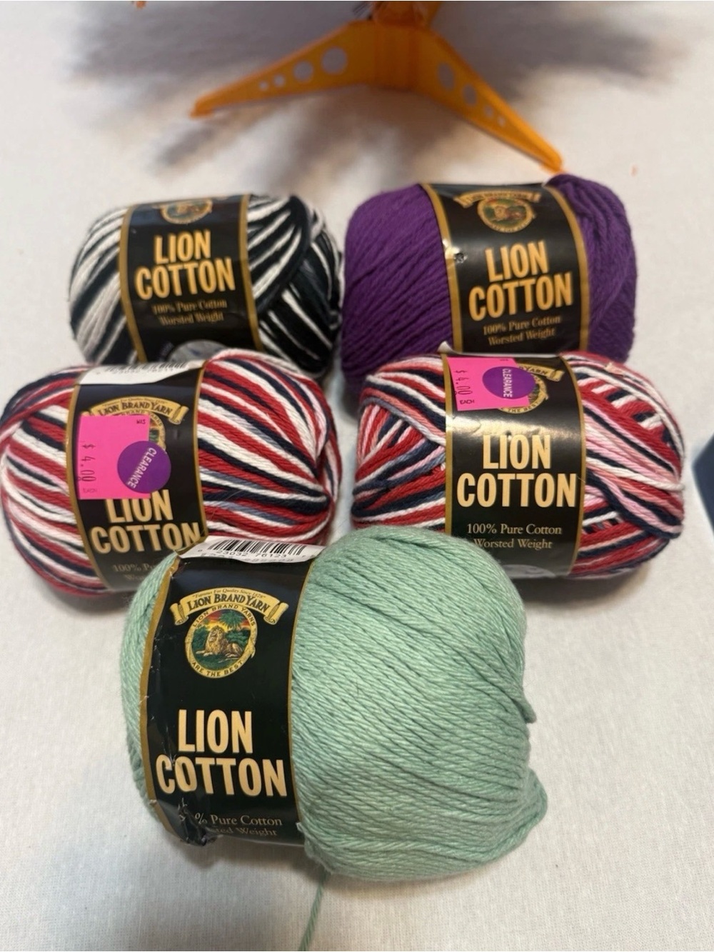 Lion Brand Lion Cotton 100% Cotton Worsted Weight Yarn Skein Lot 5 Multicolor